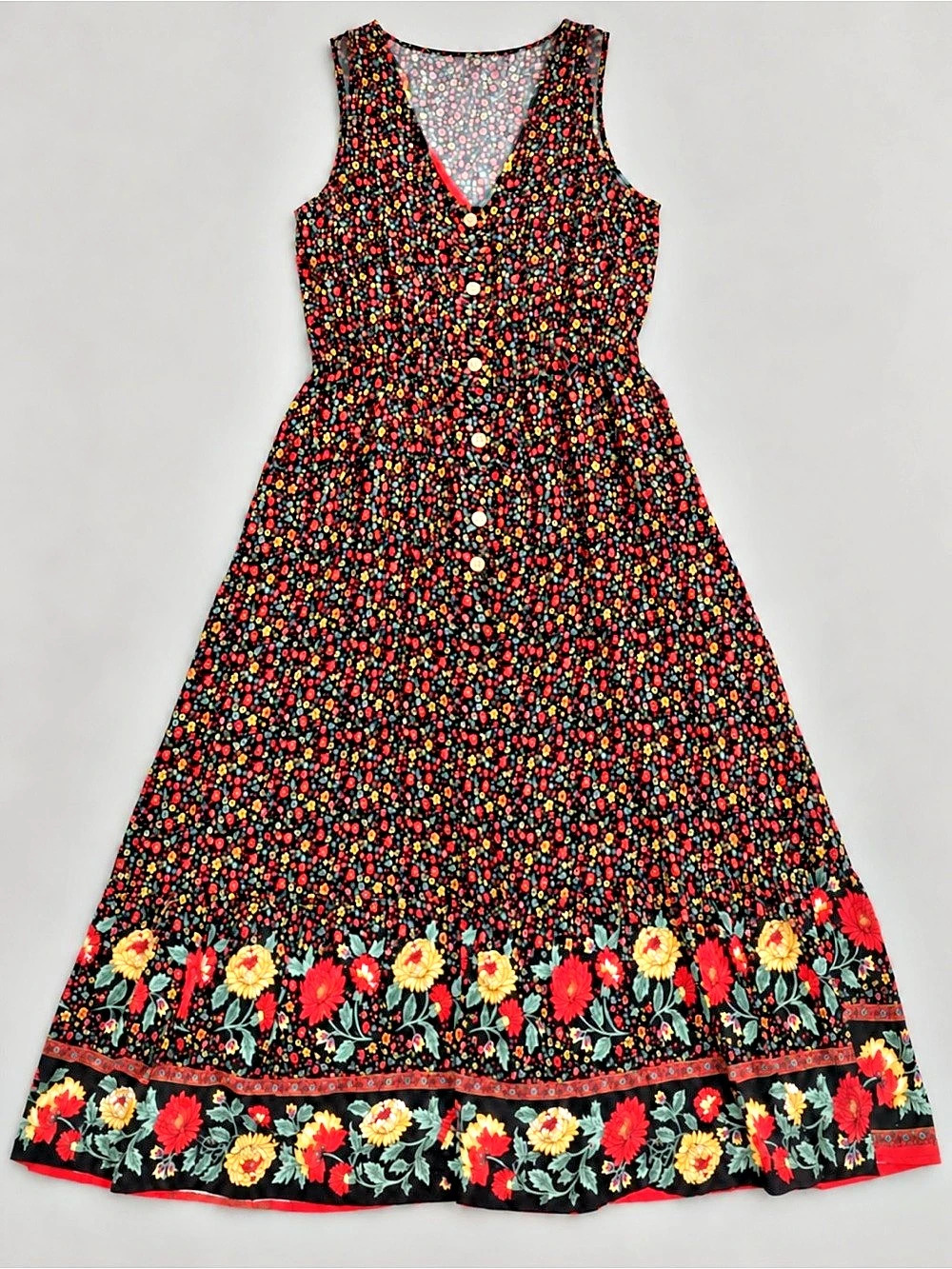 Brovave Black Floral Border Print Maxi Dress Large Sleeveless Button Front Boho